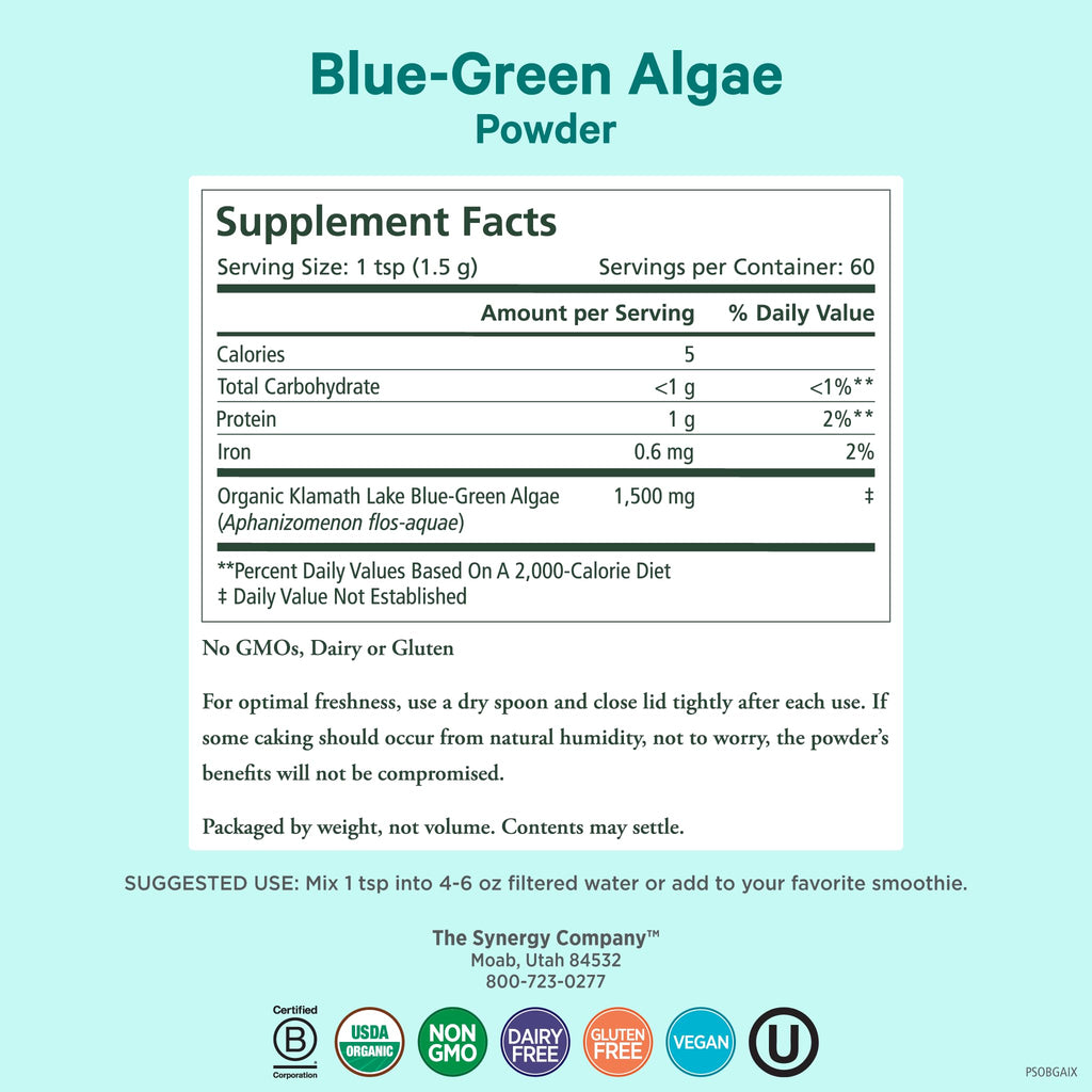 PURE SYNERGY Blue-Green Algae Powder | Superfood Powder with Chlorophyll | Organic AFA Blue Green Algae Supplement | Supports Energy, Mental Clarity, and Detoxification (3.2 oz.) - TrustMedUSA