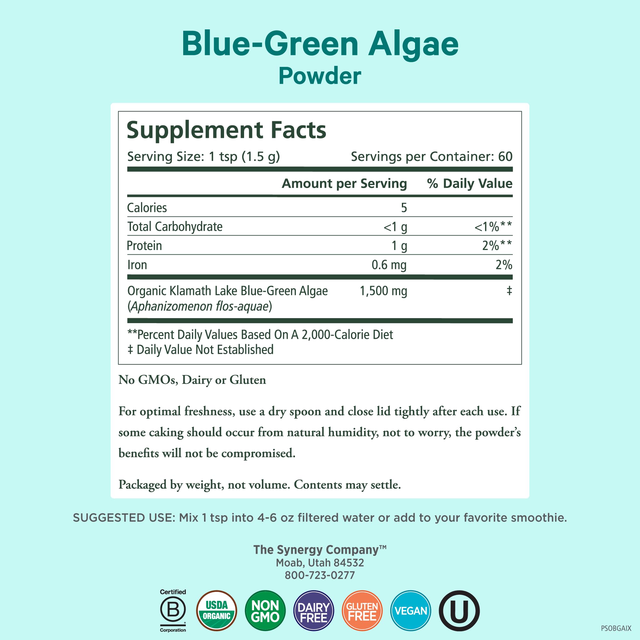 PURE SYNERGY Blue-Green Algae Powder | Superfood Powder with Chlorophyll | Organic AFA Blue Green Algae Supplement | Supports Energy, Mental Clarity, and Detoxification (3.2 oz.) - TrustMedUSA