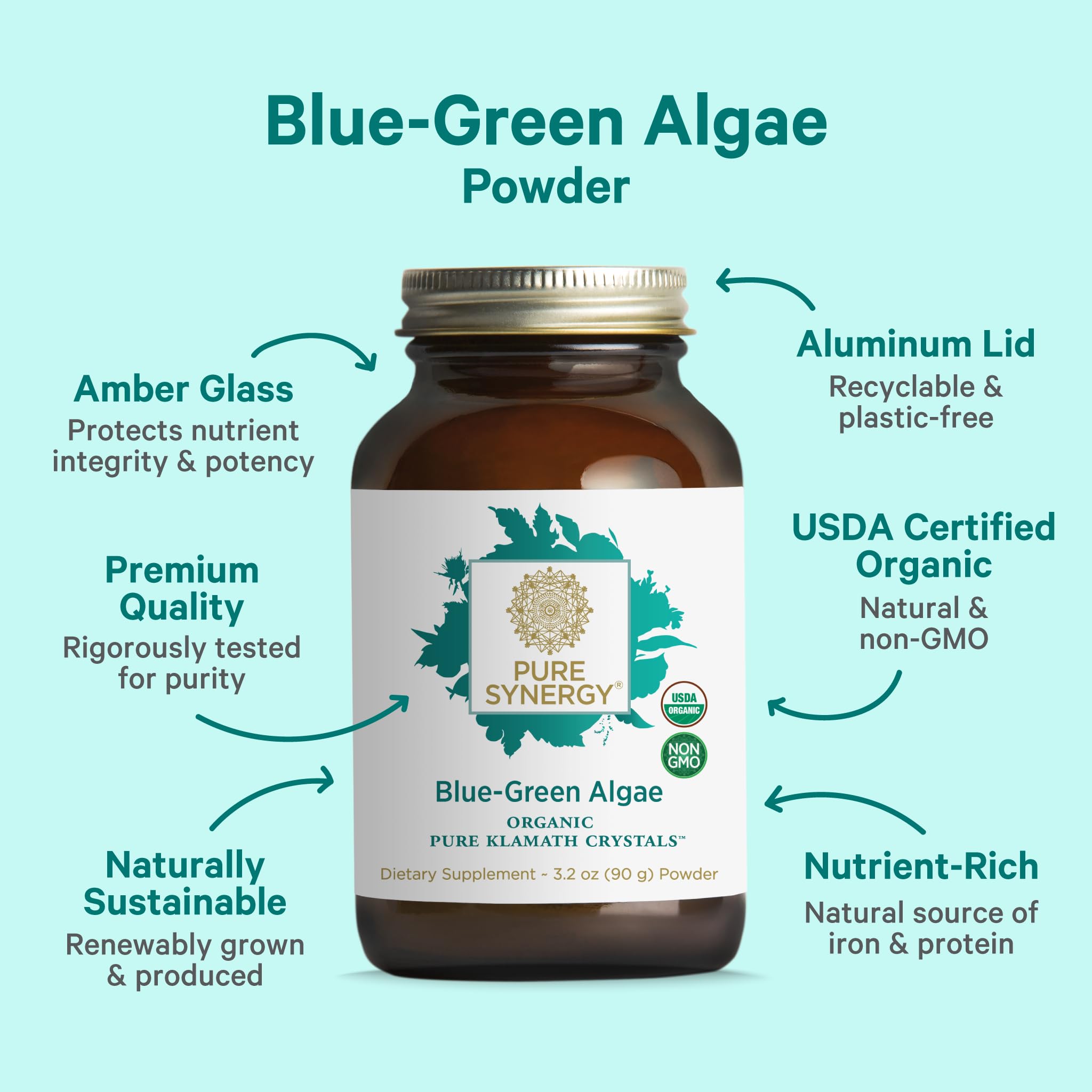 PURE SYNERGY Blue-Green Algae Powder | Superfood Powder with Chlorophyll | Organic AFA Blue Green Algae Supplement | Supports Energy, Mental Clarity, and Detoxification (3.2 oz.) - TrustMedUSA