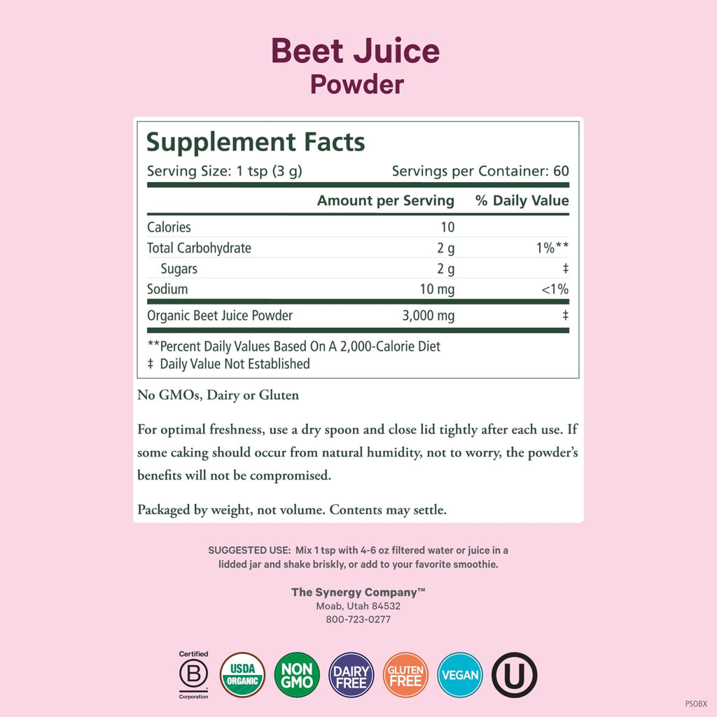 PURE SYNERGY Organic Beet Juice Powder | Pre-Workout Supplement | Organic Beet Root Juice Powder | for Healthy Circulation, Exercise, and Detoxification (6.4 oz.) - TrustMedUSA