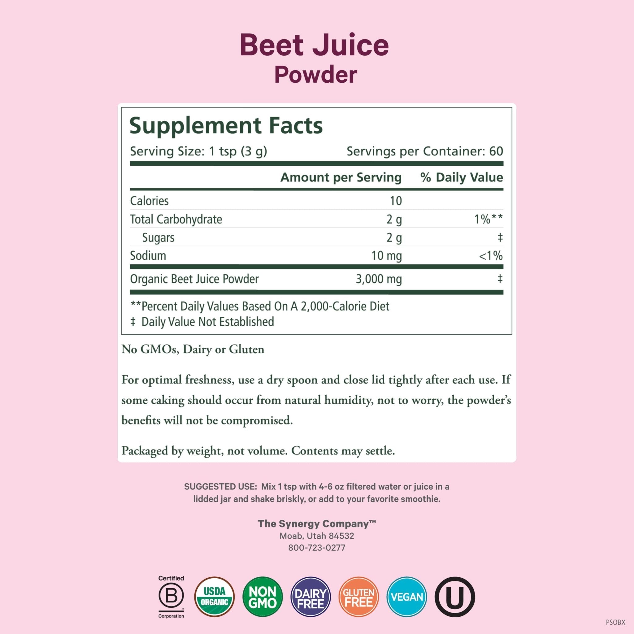 PURE SYNERGY Organic Beet Juice Powder | Pre-Workout Supplement | Organic Beet Root Juice Powder | for Healthy Circulation, Exercise, and Detoxification (6.4 oz.) - TrustMedUSA