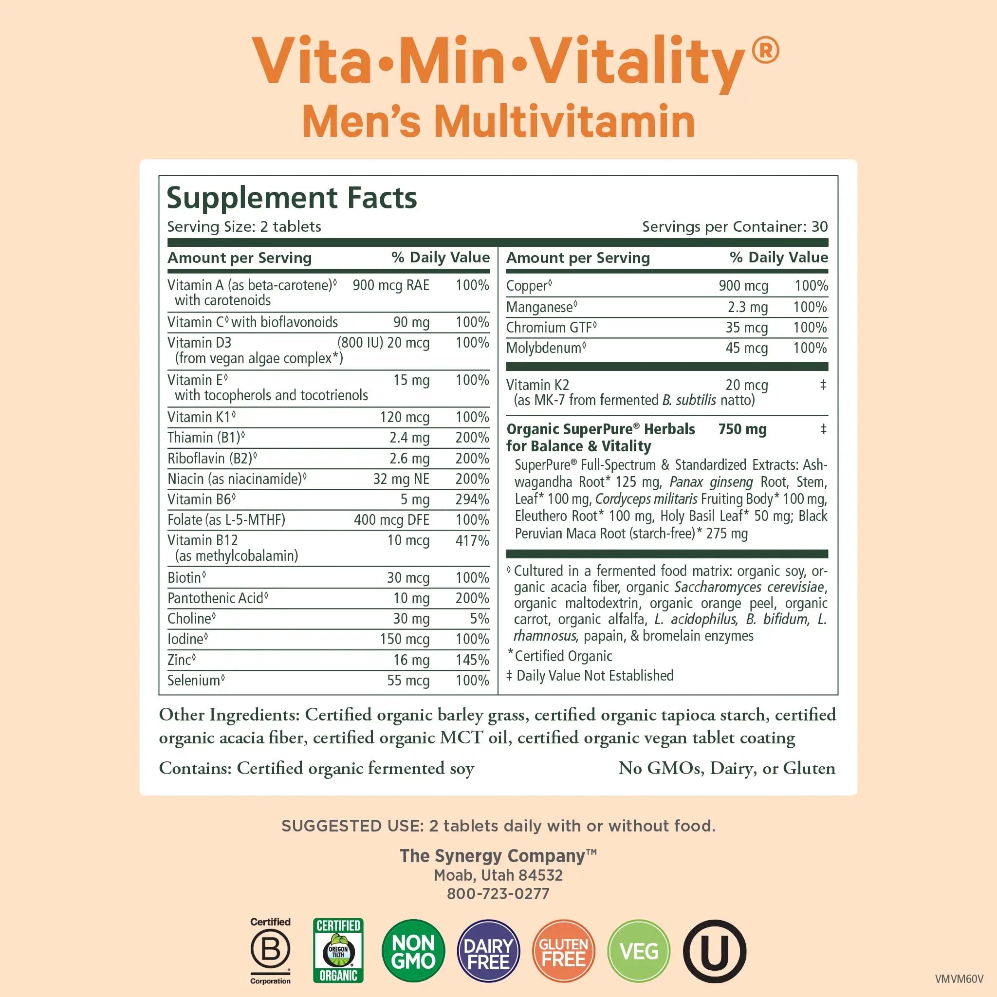 PURE SYNERGY Vita·Min·Vitality | Natural Multivitamin for Men | Men’s Daily Multivitamin Made with Organic Whole Foods | for Energy, Stress, and Immune Support (60 Tablets) - TrustMedUSA