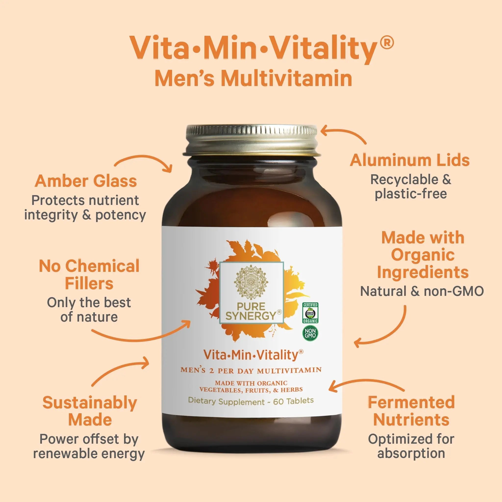 PURE SYNERGY Vita·Min·Vitality | Natural Multivitamin for Men | Men’s Daily Multivitamin Made with Organic Whole Foods | for Energy, Stress, and Immune Support (60 Tablets) - TrustMedUSA