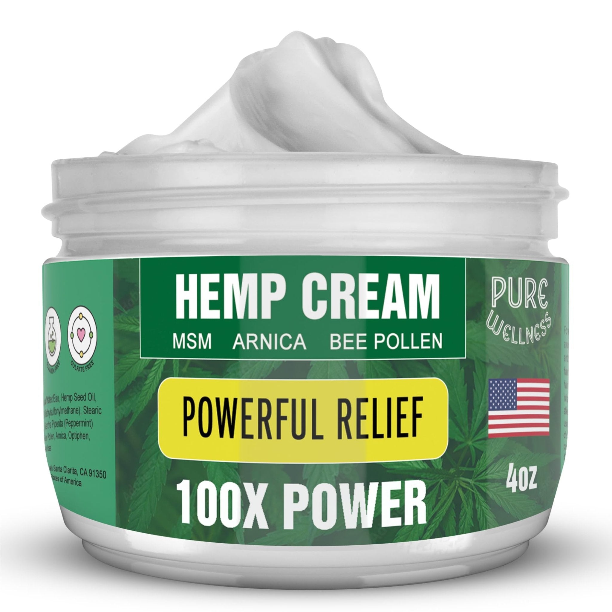 Pure Wellness Hemp Cream Maximum Strength 100,000mg with MSM, Arnica & Bee Pollen - 4 Oz, Supports Relief & Soothing from Joint, Muscle, Shoulder, Back, Knee and Nerve Discomfort - 1 Pack - TrustMedUSA