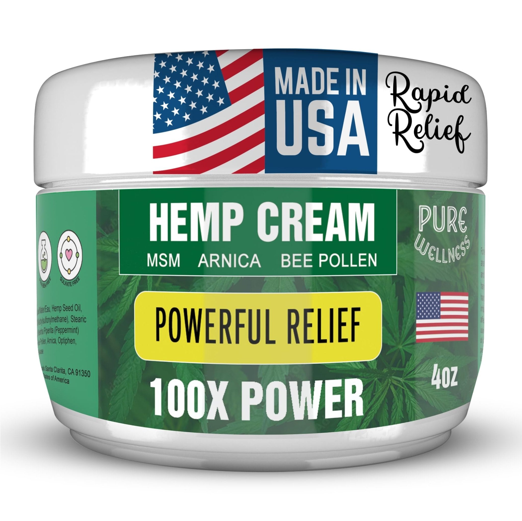 Pure Wellness Hemp Cream Maximum Strength 100,000mg with MSM, Arnica & Bee Pollen - 4 Oz, Supports Relief & Soothing from Joint, Muscle, Shoulder, Back, Knee and Nerve Discomfort - 1 Pack - TrustMedUSA