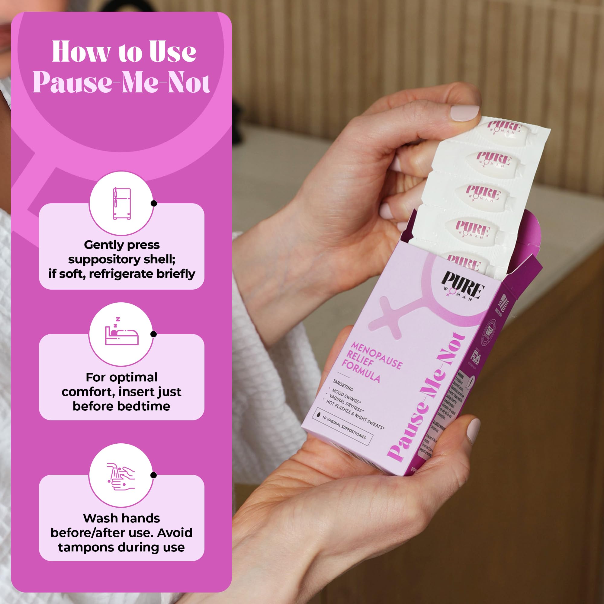 PURE WOMAN - Pause-Me-Not Suppositories - Menopausal Symptom Relief - Natural Ingredients - Relieves Hot Flashes & Vaginal Dryness - Promotes Stable Mood - Enhanced Vaginal Relief - 10 Pk - Maple Wellness Supplements
