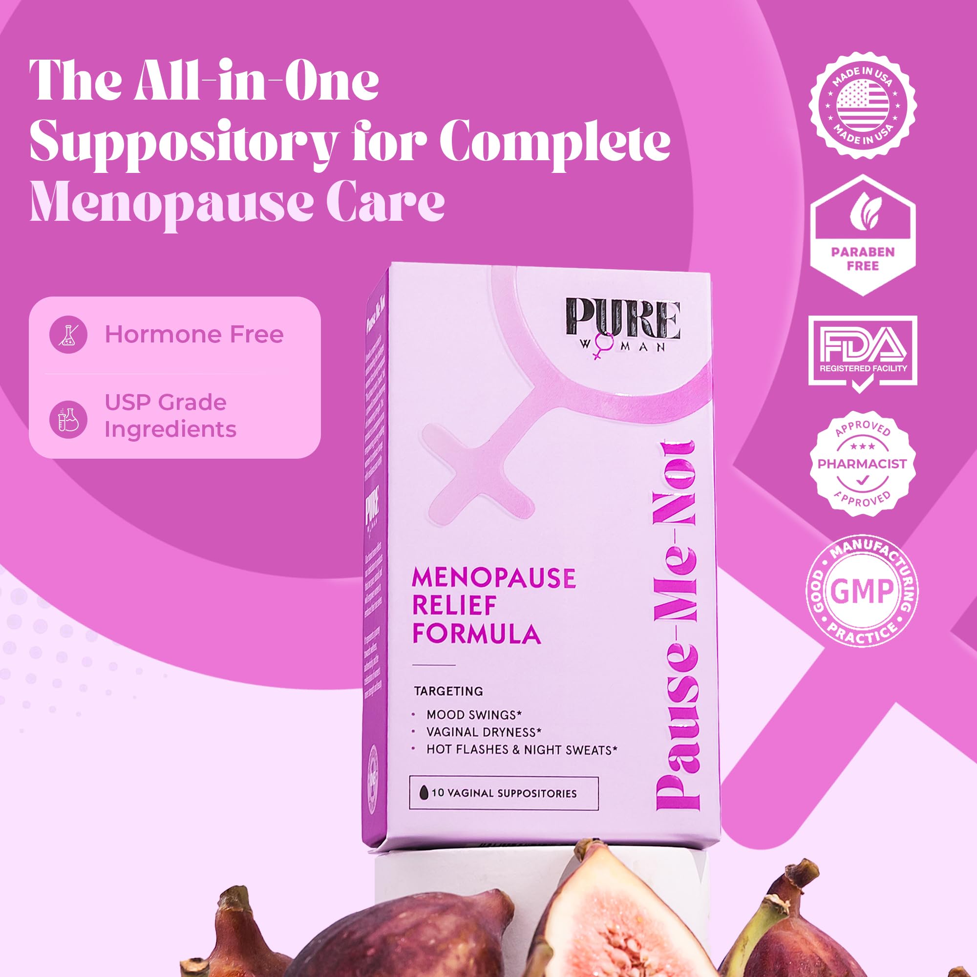 PURE WOMAN - Pause-Me-Not Suppositories - Menopausal Symptom Relief - Natural Ingredients - Relieves Hot Flashes & Vaginal Dryness - Promotes Stable Mood - Enhanced Vaginal Relief - 10 Pk - Maple Wellness Supplements