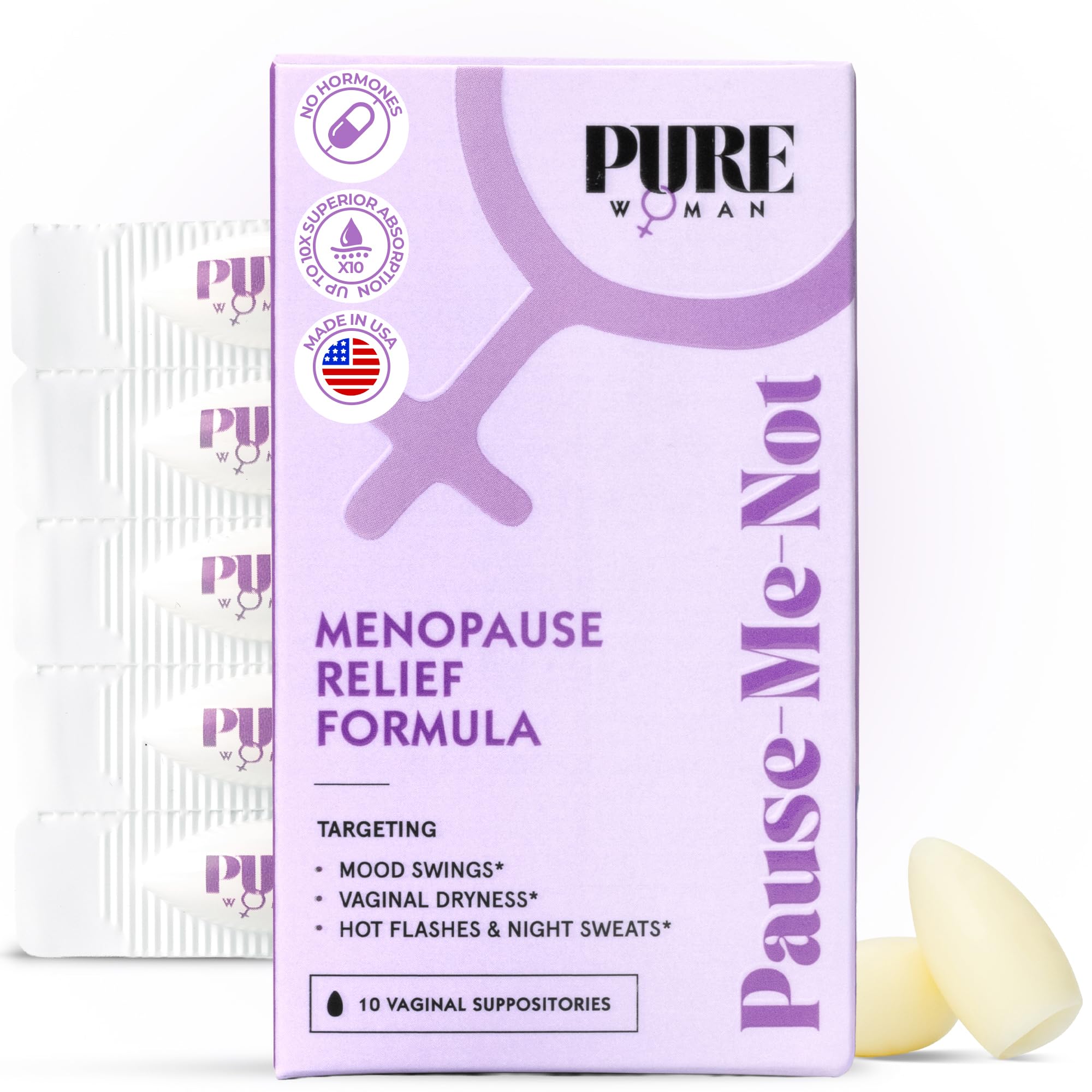PURE WOMAN - Pause-Me-Not Suppositories - Menopausal Symptom Relief - Natural Ingredients - Relieves Hot Flashes & Vaginal Dryness - Promotes Stable Mood - Enhanced Vaginal Relief - 10 Pk - Maple Wellness Supplements