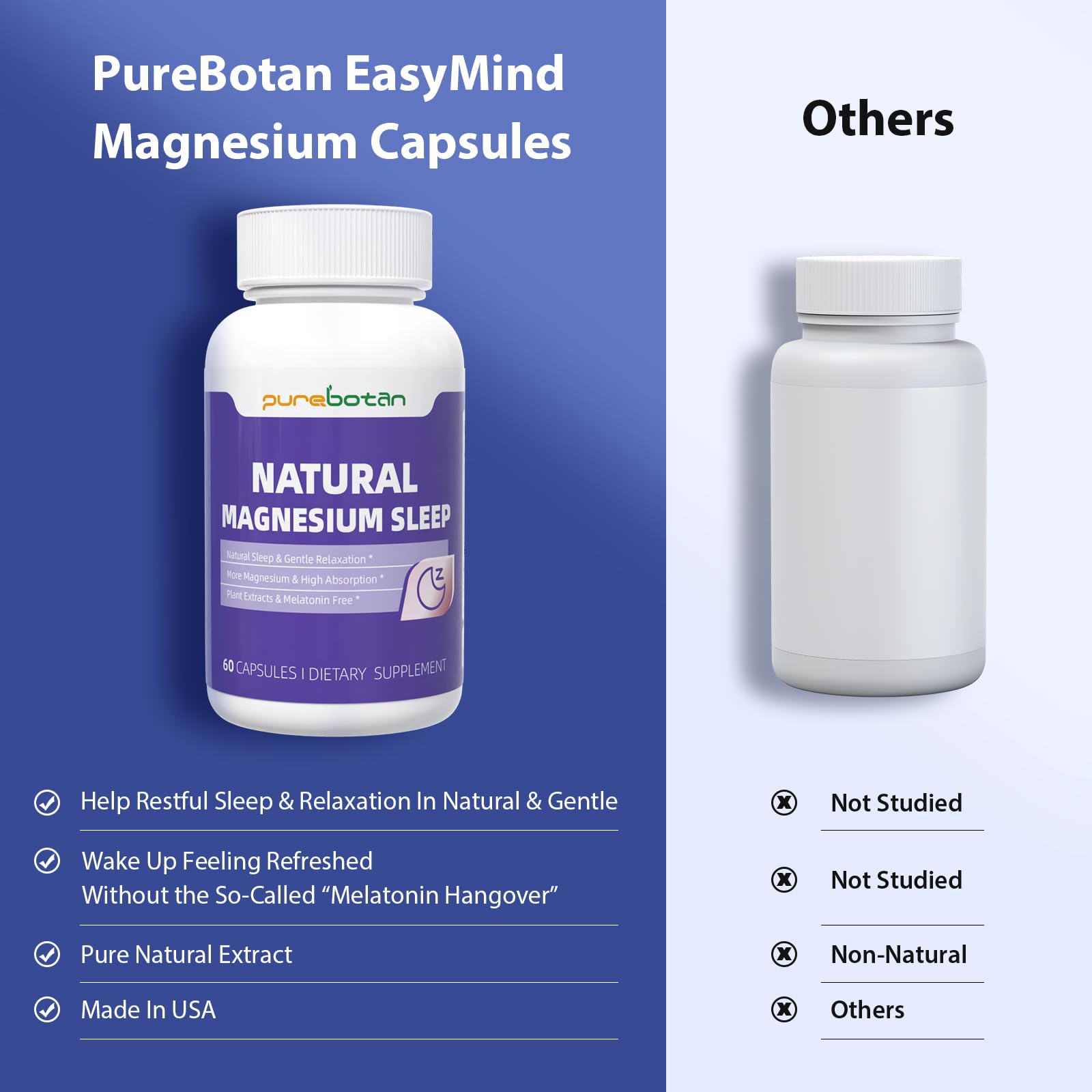 PureBotan Magnesium Oxide and Glycinate Extra Strength, Natural Sleep Aid Supplement EasyMind, High Absorption, Restful Sleep & Relaxation, Cortisol Lower, Natural-Gentle, Melatonin Free, 60 Capsules - TrustMedUSA