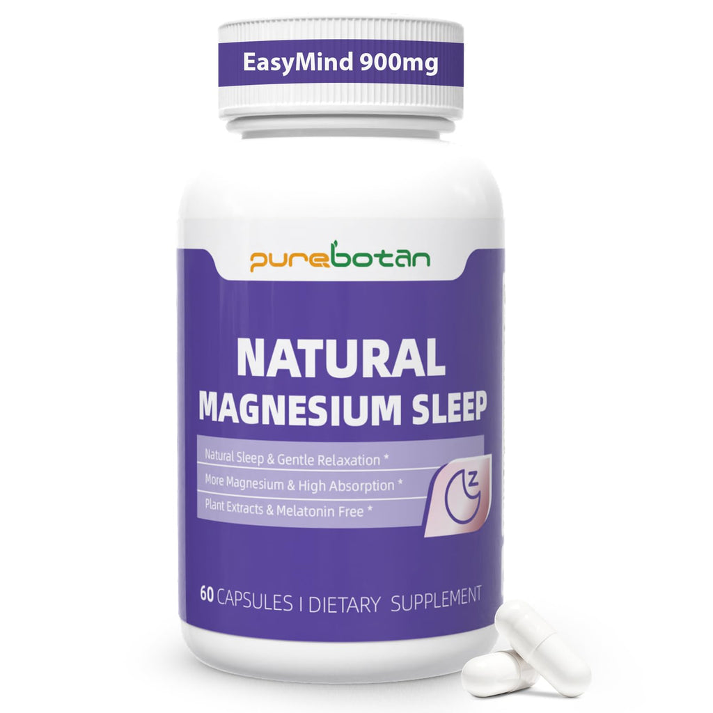 PureBotan Magnesium Oxide and Glycinate Extra Strength, Natural Sleep Aid Supplement EasyMind, High Absorption, Restful Sleep & Relaxation, Cortisol Lower, Natural-Gentle, Melatonin Free, 60 Capsules - TrustMedUSA
