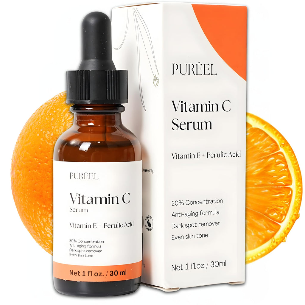 Puréel 20% Vitamin C Serum for Face – Brightening Serum with Vitamin E & Ferulic Acid – Anti-Aging, Dark Spot Remover, Even Skin Tone, Wrinkle Reduction & Radiant Glow – 1 fl oz - Maple Wellness Supplements