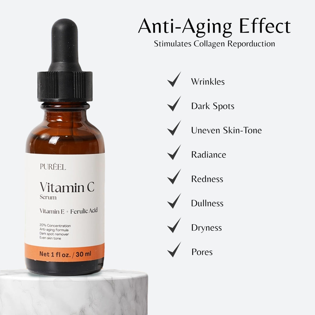 Puréel 20% Vitamin C Serum for Face – Brightening Serum with Vitamin E & Ferulic Acid – Anti-Aging, Dark Spot Remover, Even Skin Tone, Wrinkle Reduction & Radiant Glow – 1 fl oz - Maple Wellness Supplements
