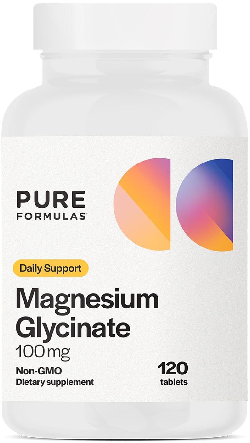 PureFormulas Magnesium Glycinate 100 mg Daily Support for Stress, Nerves, Sleep, Muscles, Metabolism Pure Magnesium Glycinate Supplement for Women and Men Magnesio Non-GMO 120 Tablets - TrustMedUSA