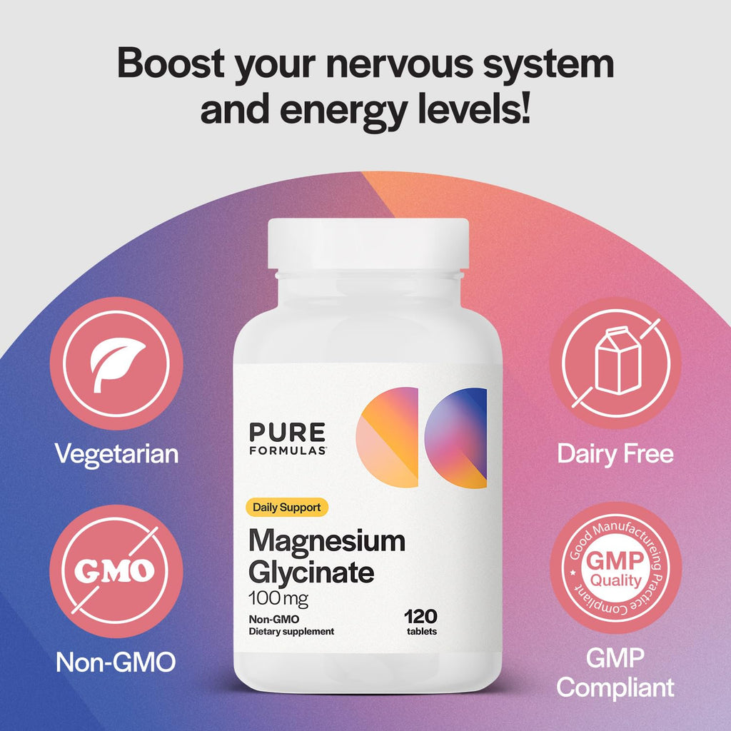 PureFormulas Magnesium Glycinate 100 mg Daily Support for Stress, Nerves, Sleep, Muscles, Metabolism Pure Magnesium Glycinate Supplement for Women and Men Magnesio Non-GMO 120 Tablets - TrustMedUSA