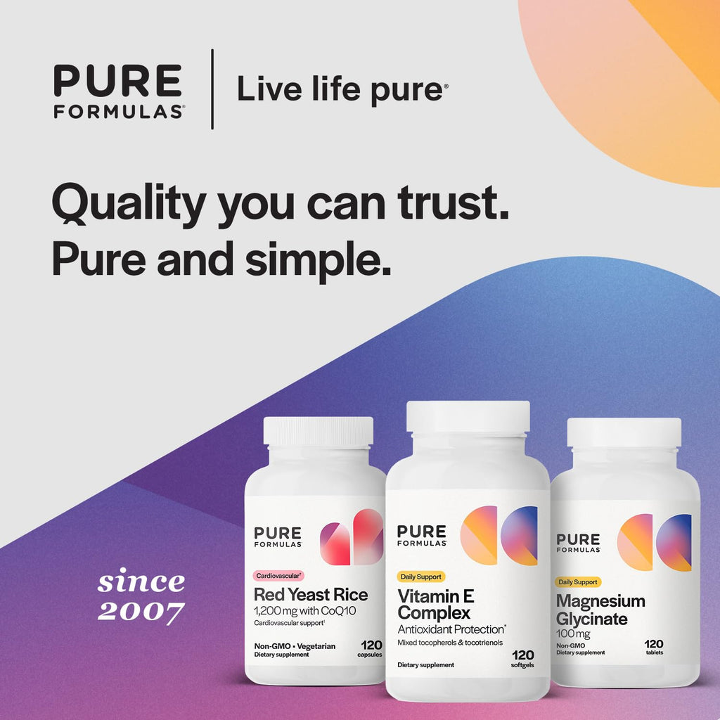 PureFormulas Vitamin E Complex, Full-Spectrum Vitamin E for Cardiovascular and Immune Support, Gamma-tocopherol Rich Antioxidant, Gluten-Free & Kosher, 120 Softgels for Antioxidant Protection - TrustMedUSA