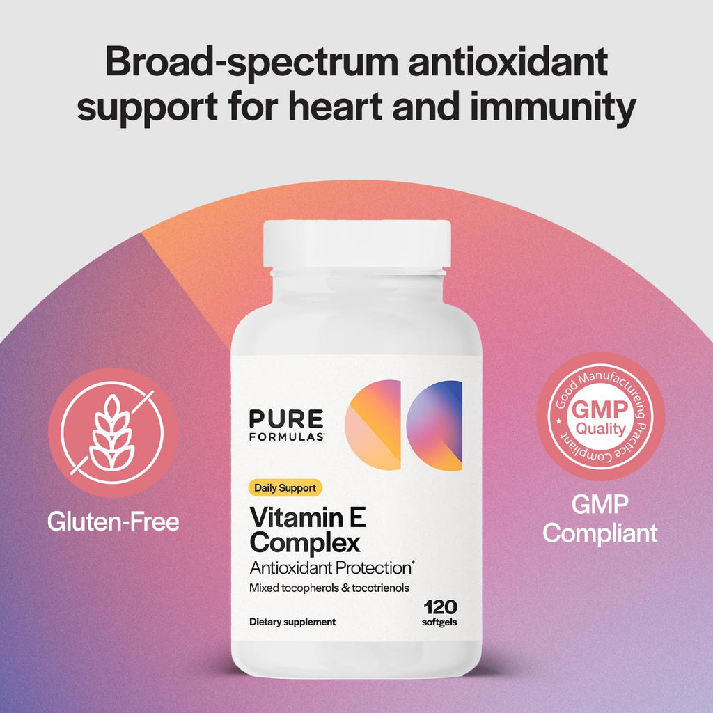 PureFormulas Vitamin E Complex, Full-Spectrum Vitamin E for Cardiovascular and Immune Support, Gamma-tocopherol Rich Antioxidant, Gluten-Free & Kosher, 120 Softgels for Antioxidant Protection - TrustMedUSA