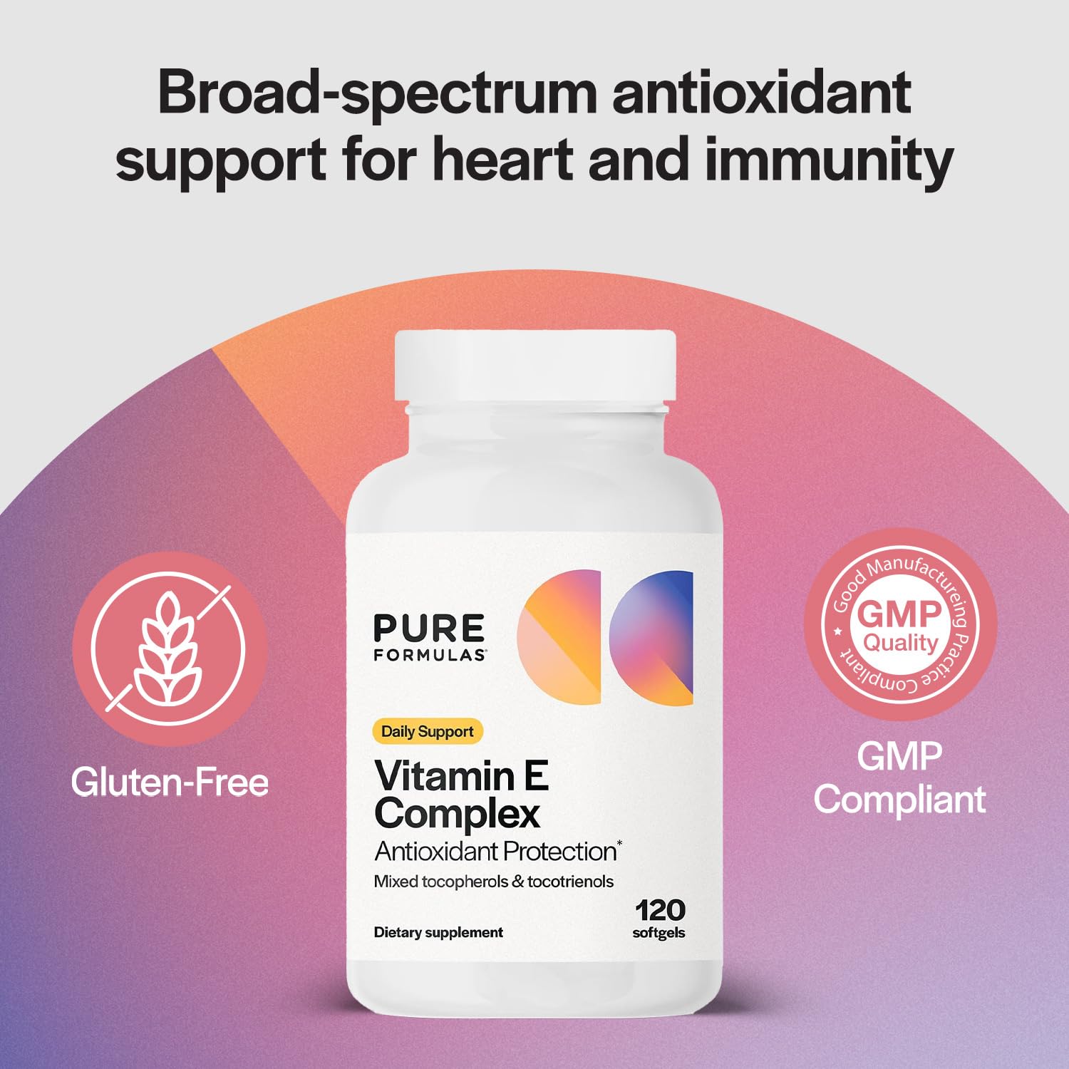 PureFormulas Vitamin E Complex, Full-Spectrum Vitamin E for Cardiovascular and Immune Support, Gamma-tocopherol Rich Antioxidant, Gluten-Free & Kosher, 120 Softgels for Antioxidant Protection - TrustMedUSA