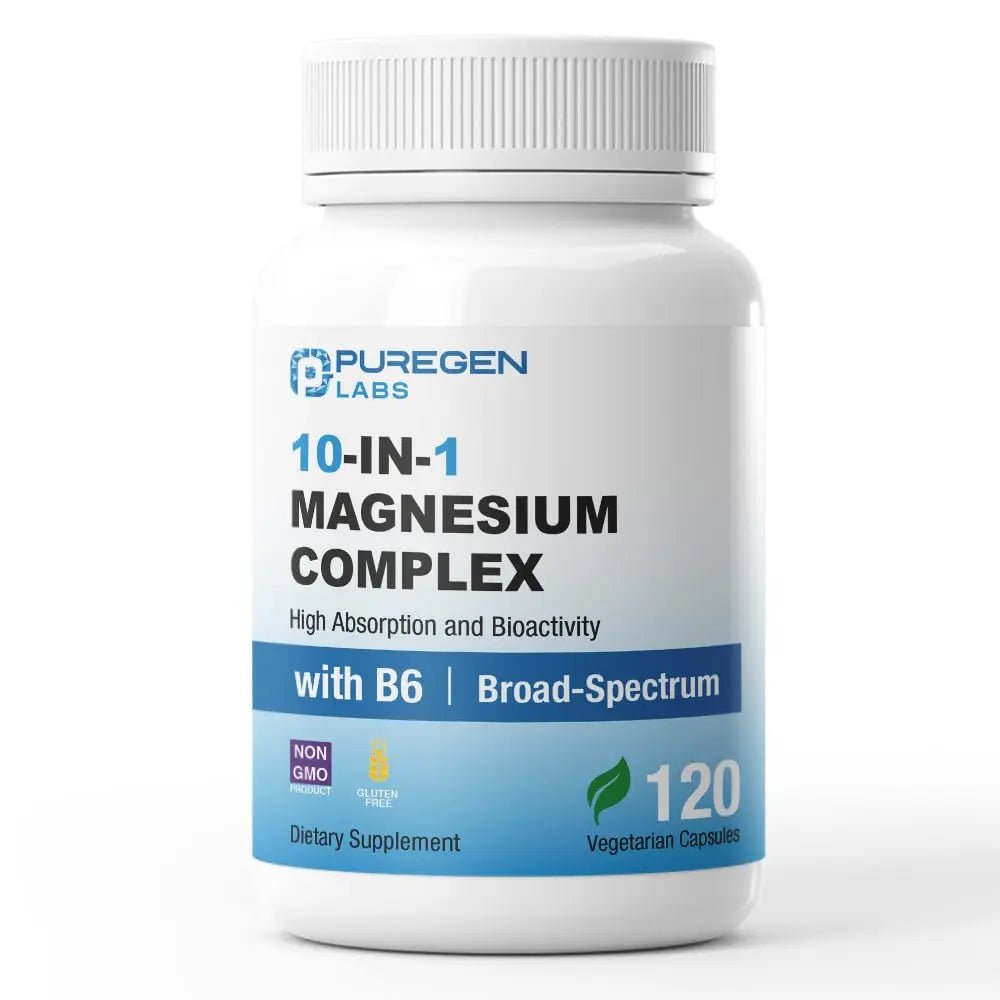 Puregen Labs 10 in 1 Magnesium Complex 500mg with B6-120 Veggie Capsules [High Absorption and Bioactivity] Non-GMO, NO Gluten and Dairy - TrustMedUSA