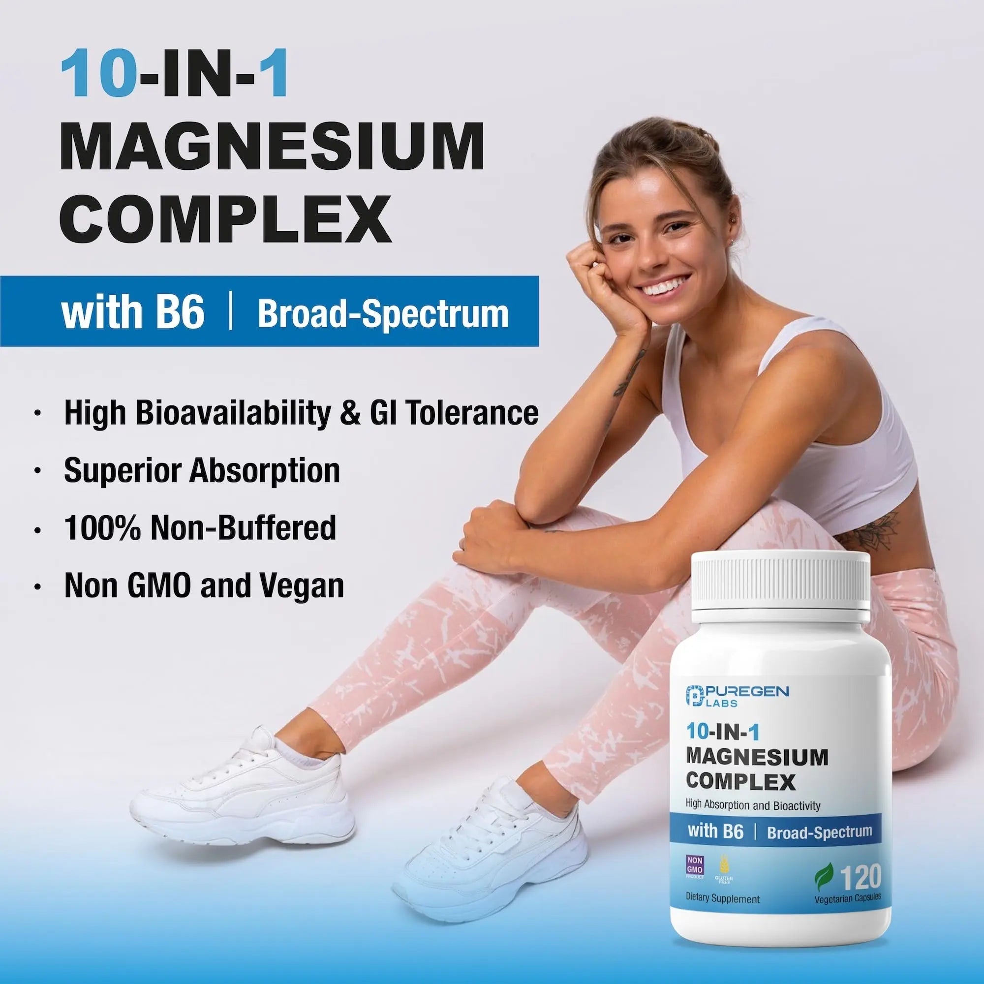 Puregen Labs 10 in 1 Magnesium Complex 500mg with B6-120 Veggie Capsules [High Absorption and Bioactivity] Non-GMO, NO Gluten and Dairy - TrustMedUSA