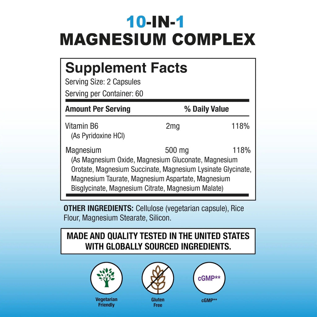 Puregen Labs 10 in 1 Magnesium Complex 500mg with B6-120 Veggie Capsules [High Absorption and Bioactivity] Non-GMO, NO Gluten and Dairy - TrustMedUSA