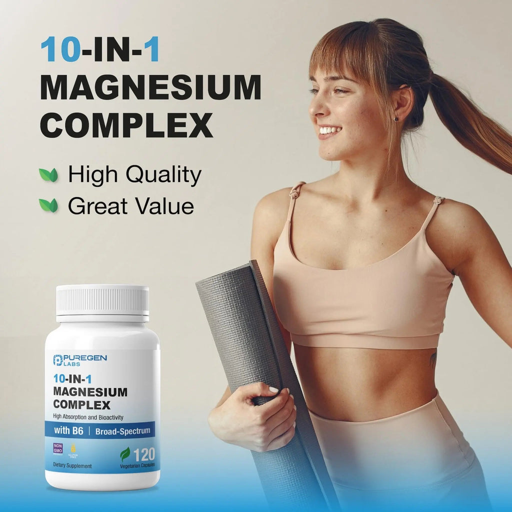 Puregen Labs 10 in 1 Magnesium Complex 500mg with B6-120 Veggie Capsules [High Absorption and Bioactivity] Non-GMO, NO Gluten and Dairy - TrustMedUSA