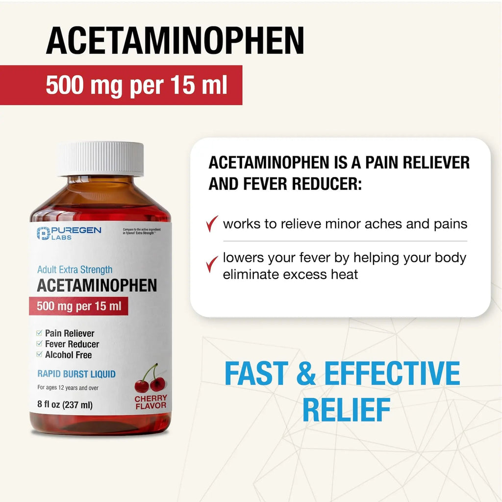 Puregen Labs Adult Extra Strength Acetaminophen Liquid 500mg/15ml - 8 fl oz Rapid Burst Pain Reliever/Fever Reducer, Cherry Flavor | Muscle & Joint Pain Relief | Arthritis Pain Relief - TrustMedUSA