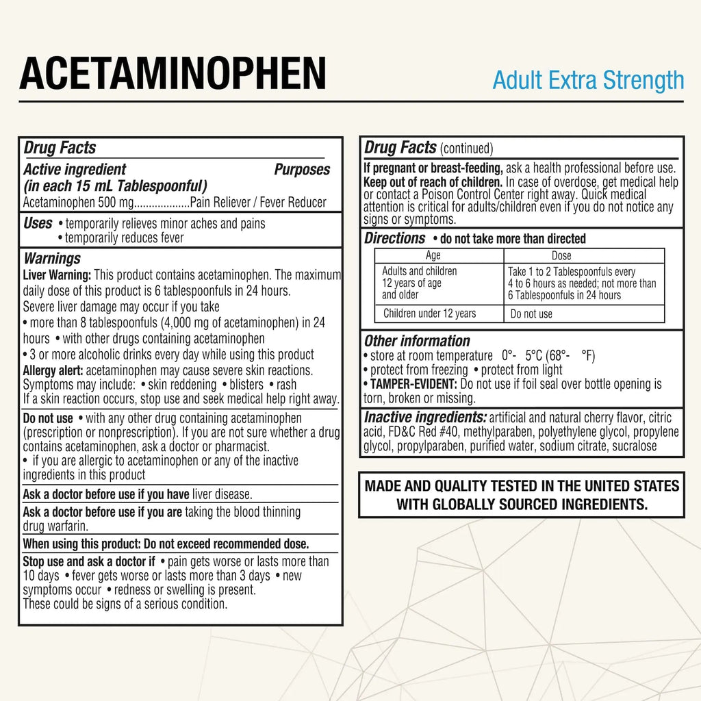 Puregen Labs Adult Extra Strength Acetaminophen Liquid 500mg/15ml - 8 fl oz Rapid Burst Pain Reliever/Fever Reducer, Cherry Flavor | Muscle & Joint Pain Relief | Arthritis Pain Relief - TrustMedUSA
