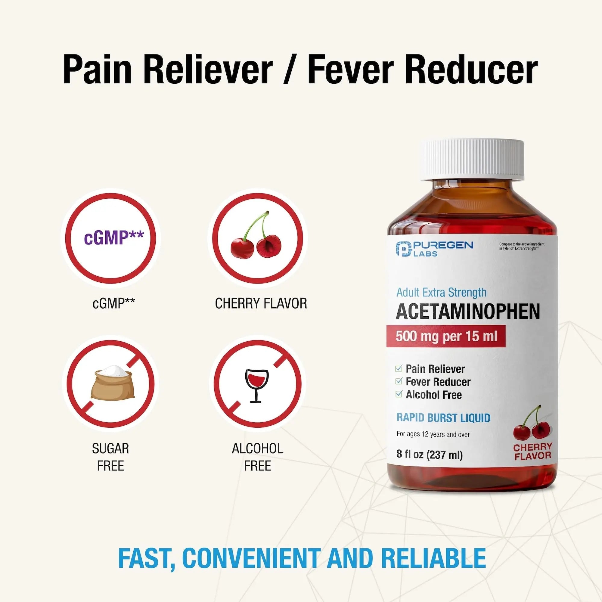 Puregen Labs Adult Extra Strength Acetaminophen Liquid 500mg/15ml - 8 fl oz Rapid Burst Pain Reliever/Fever Reducer, Cherry Flavor | Muscle & Joint Pain Relief | Arthritis Pain Relief - TrustMedUSA