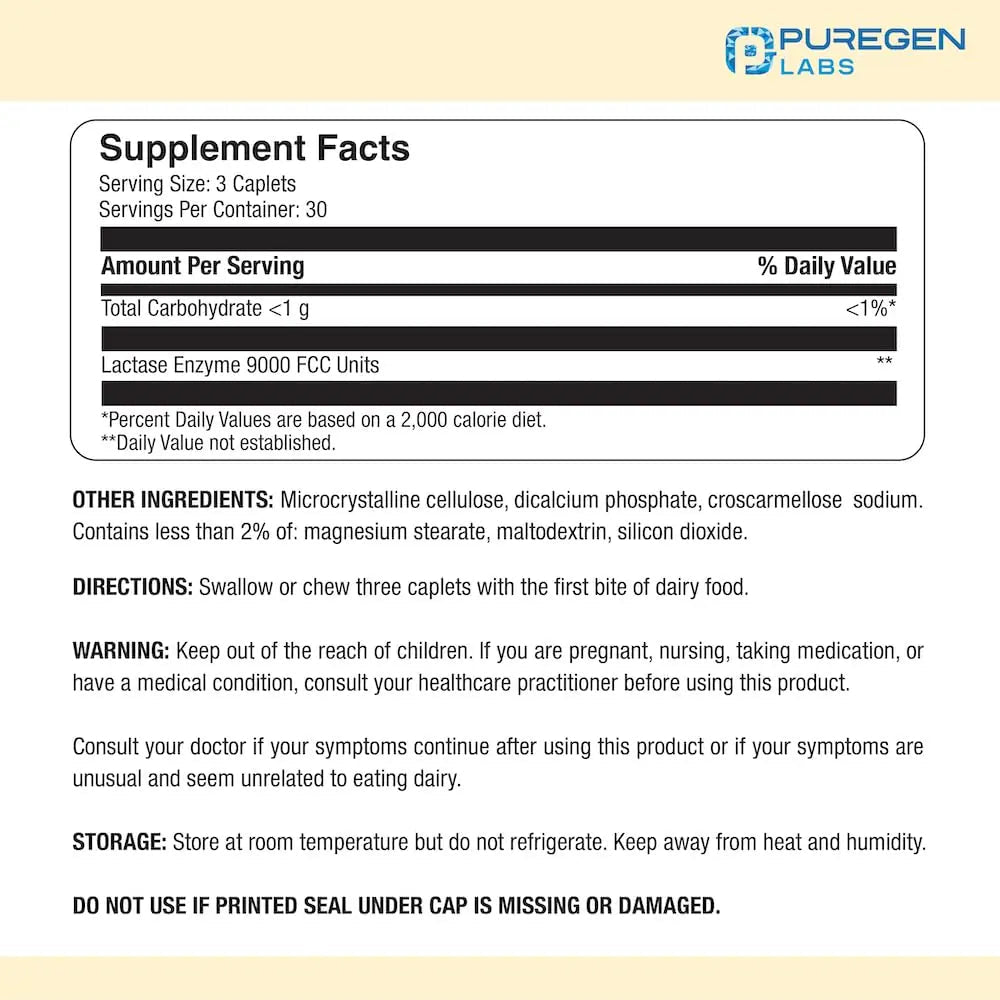 Puregen Labs Dairy Relief Natural Fast Acting Lactase Enzyme 3000 FCC, Lactose Intoleran - TrustMedUSA