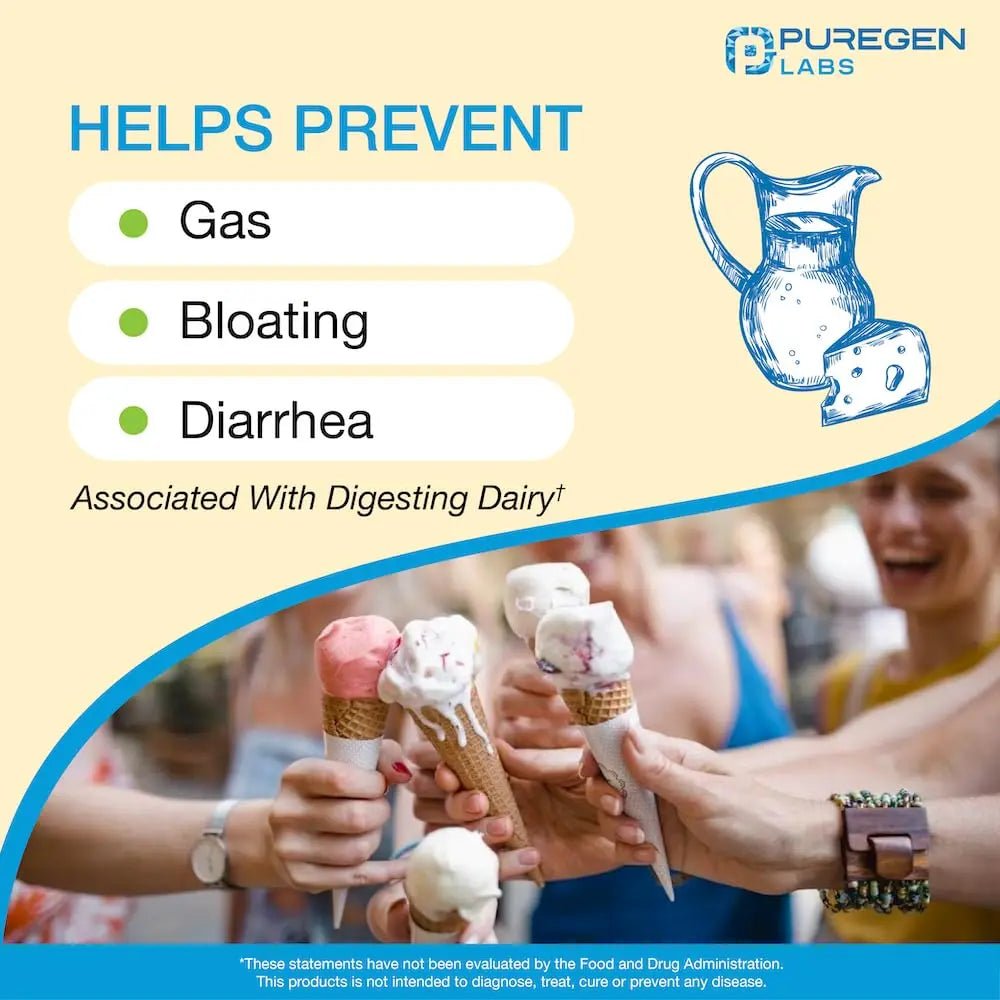 Puregen Labs Dairy Relief Natural Fast Acting Lactase Enzyme 3000 FCC, Lactose Intoleran - TrustMedUSA