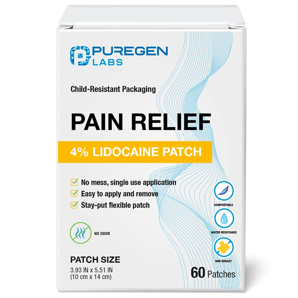 Puregen Labs Lidocaine 4% Numbing Patch - Total 60 Patches Maximum Strength | Fast Acting Temporary Relief of Aches | Back, Neck, Shoulders, Elbows and Knees - TrustMedUSA