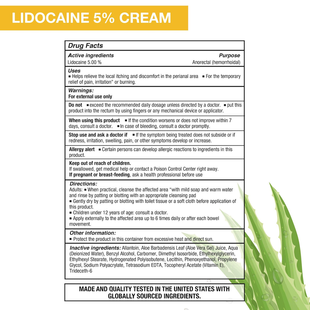 Puregen Labs Lidocaine 5% Anorectal (hemorrhoidal) Cream Maximum Strength | Enriched with Aloe-Vera | 6 Oz - TrustMedUSA