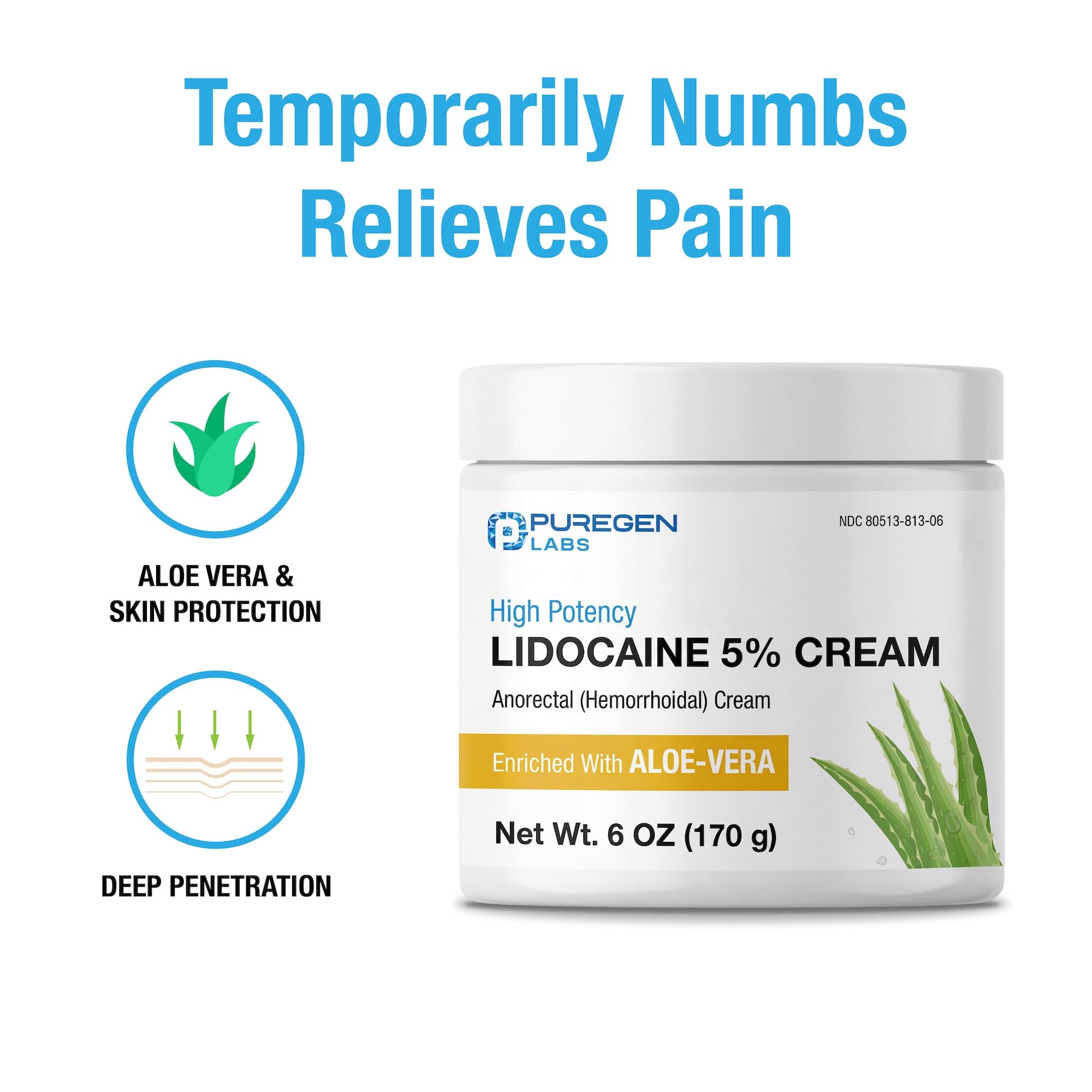 Puregen Labs Lidocaine 5% Anorectal (hemorrhoidal) Cream Maximum Strength | Enriched with Aloe-Vera | 6 Oz - TrustMedUSA