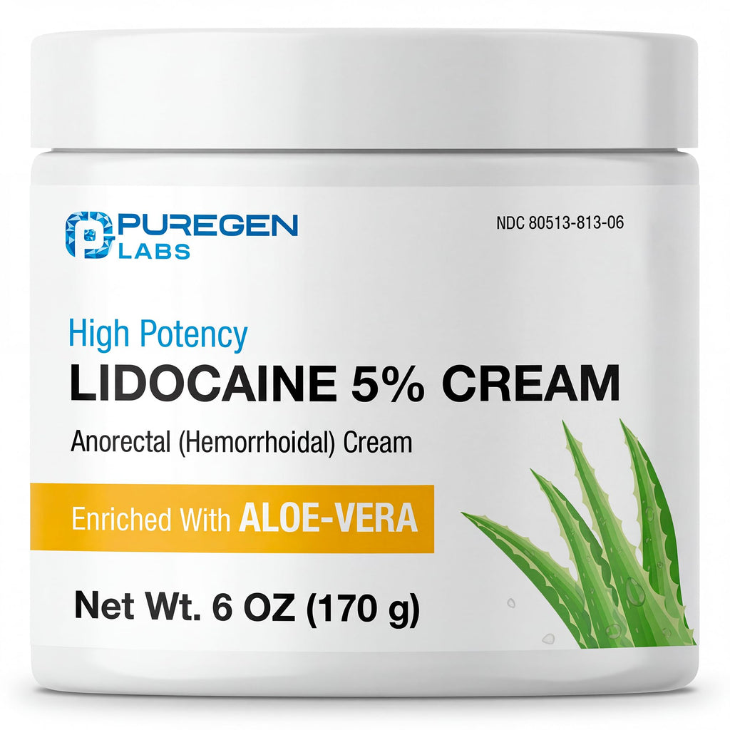 Puregen Labs Lidocaine 5% Anorectal (hemorrhoidal) Cream Maximum Strength | Enriched with Aloe-Vera | 6 Oz - TrustMedUSA