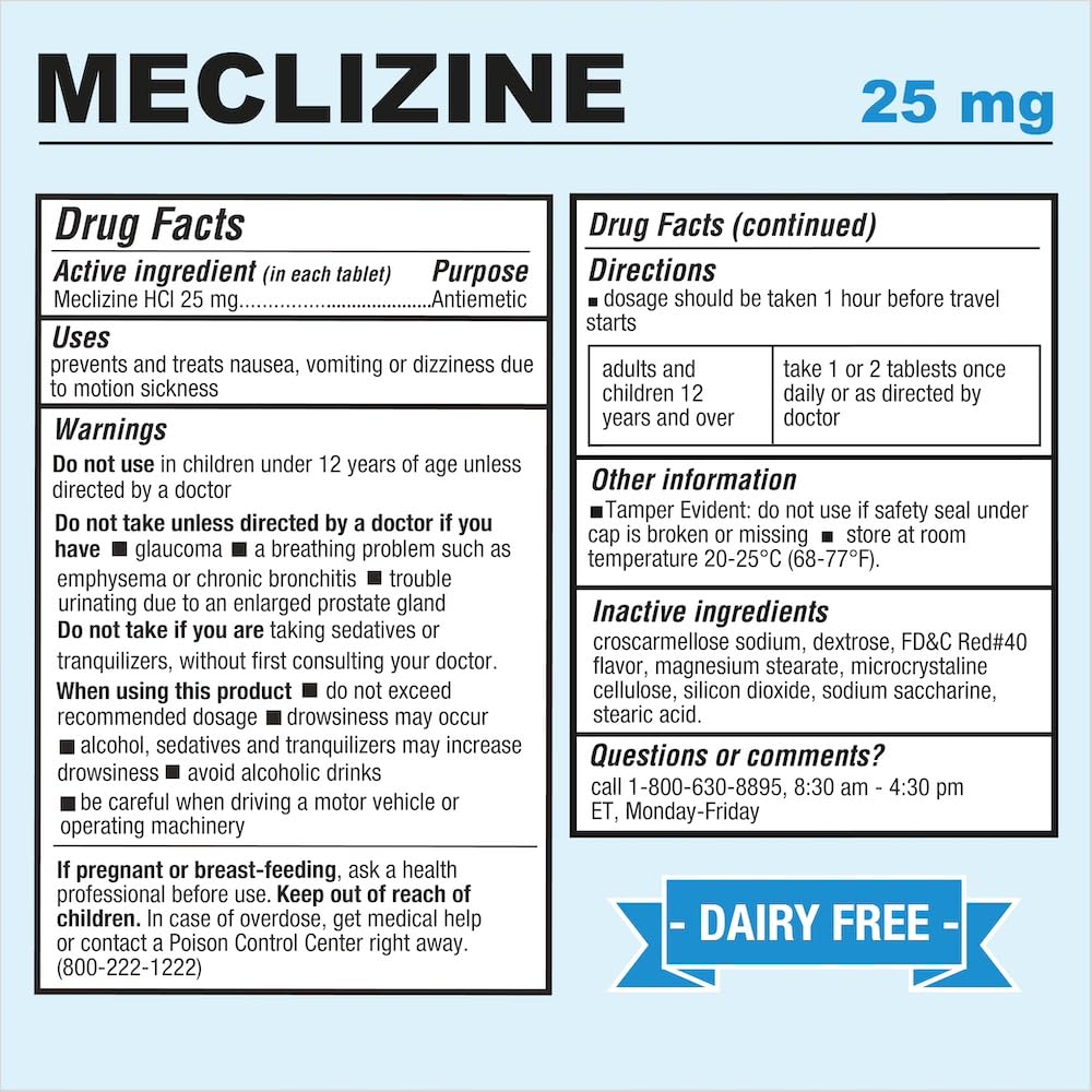 Puregen Labs Meclizine 25 mg Antiemetic 200 chewable Tablets | Motion Sickness Relief - Prevent Nausea, Vomiting, and Dizziness | Dairy Free | Value Pack – 200 chewable Tablets - Maple Wellness Supplements