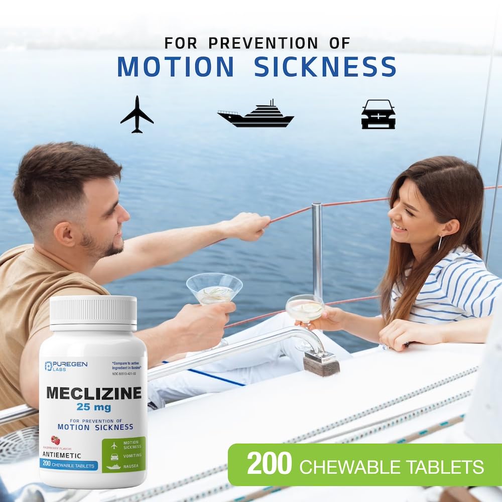 Puregen Labs Meclizine 25 mg Antiemetic 200 chewable Tablets | Motion Sickness Relief - Prevent Nausea, Vomiting, and Dizziness | Dairy Free | Value Pack – 200 chewable Tablets - Maple Wellness Supplements