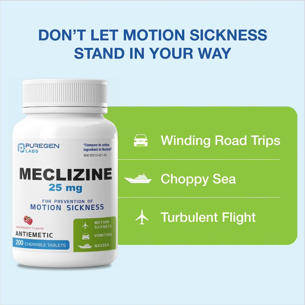 Puregen Labs Meclizine 25 mg Antiemetic 200 chewable Tablets | Motion Sickness Relief - Prevent Nausea, Vomiting, and Dizziness | Dairy Free | Value Pack – 200 chewable Tablets - Maple Wellness Supplements