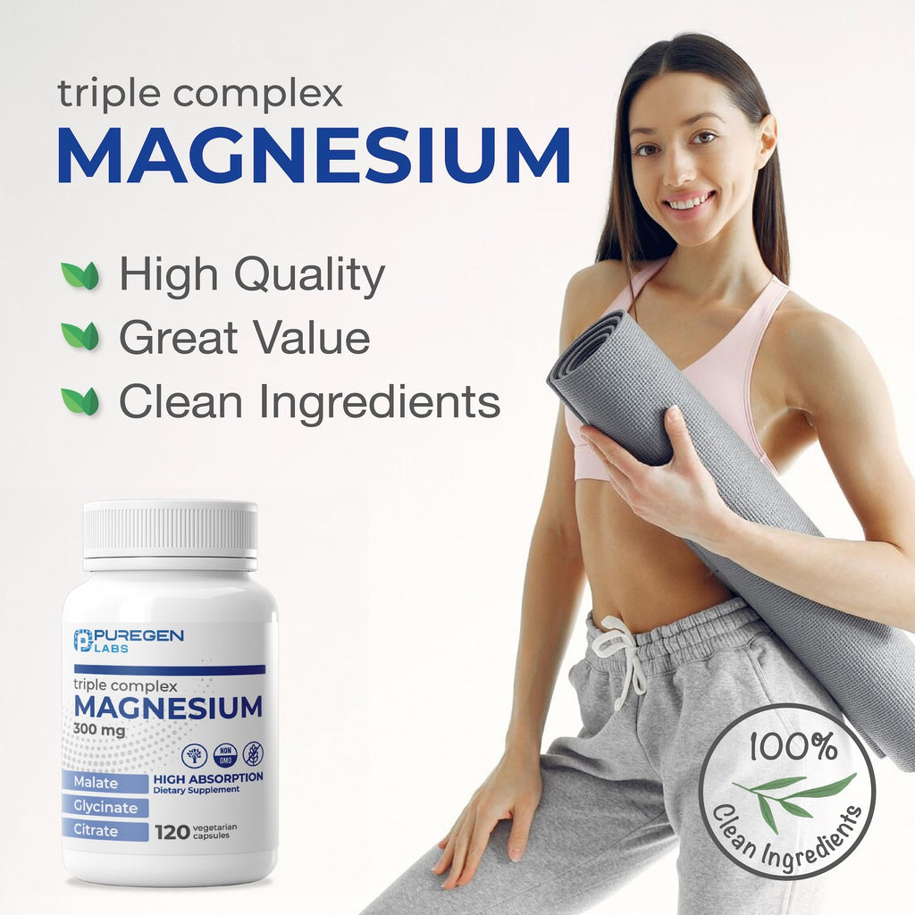 Puregen Labs Triple Magnesium Complex 300mg of Magnesium Glycinate, Malate, & Citrate - TrustMedUSA