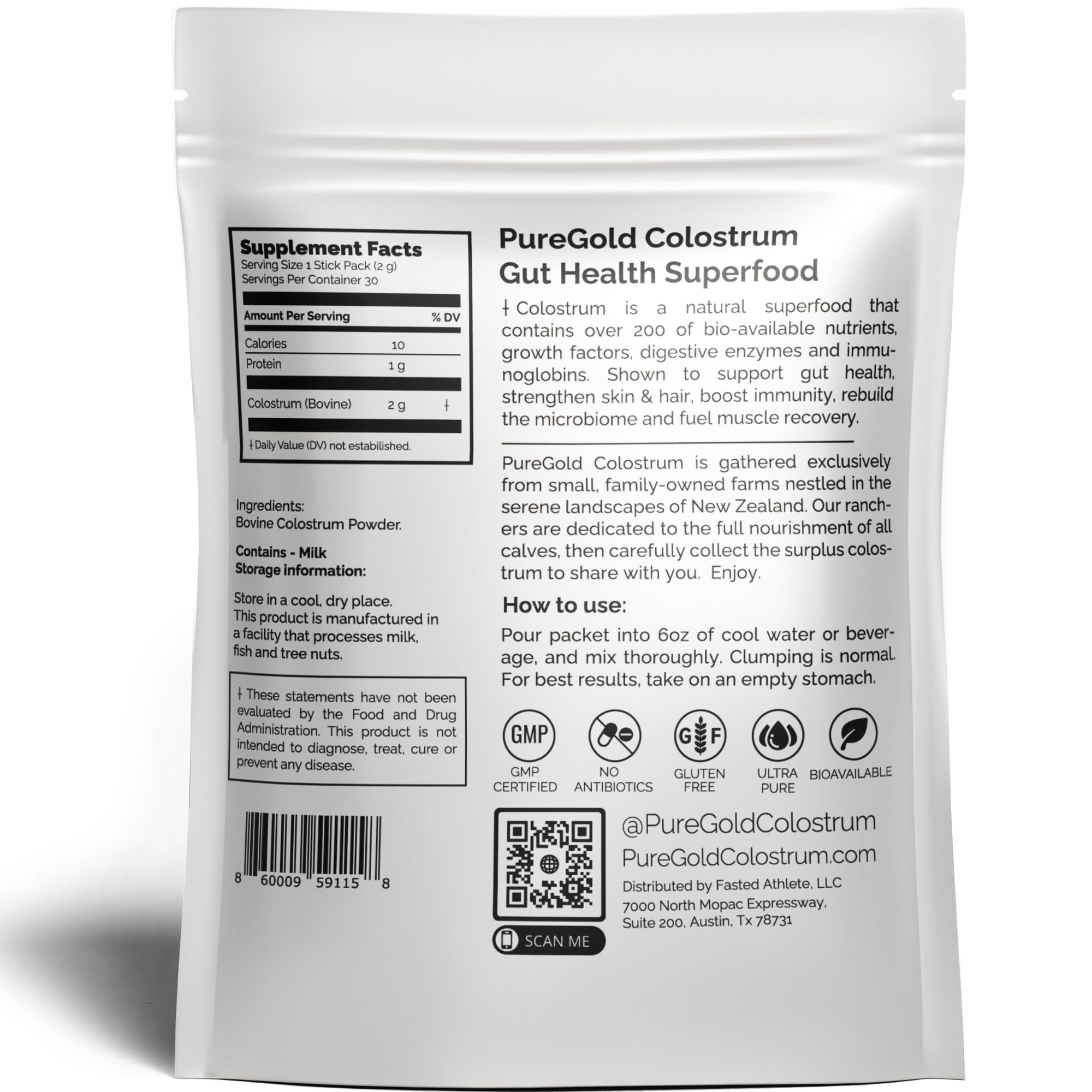 PureGold - Bovine Colostrum Powder - 100% Pure New Zealand Grass Fed, Supports Gut Health, Skin, Hair, & Immunity – Colostrum Supplement, Unflavored, 30 Travel Packets - TrustMedUSA