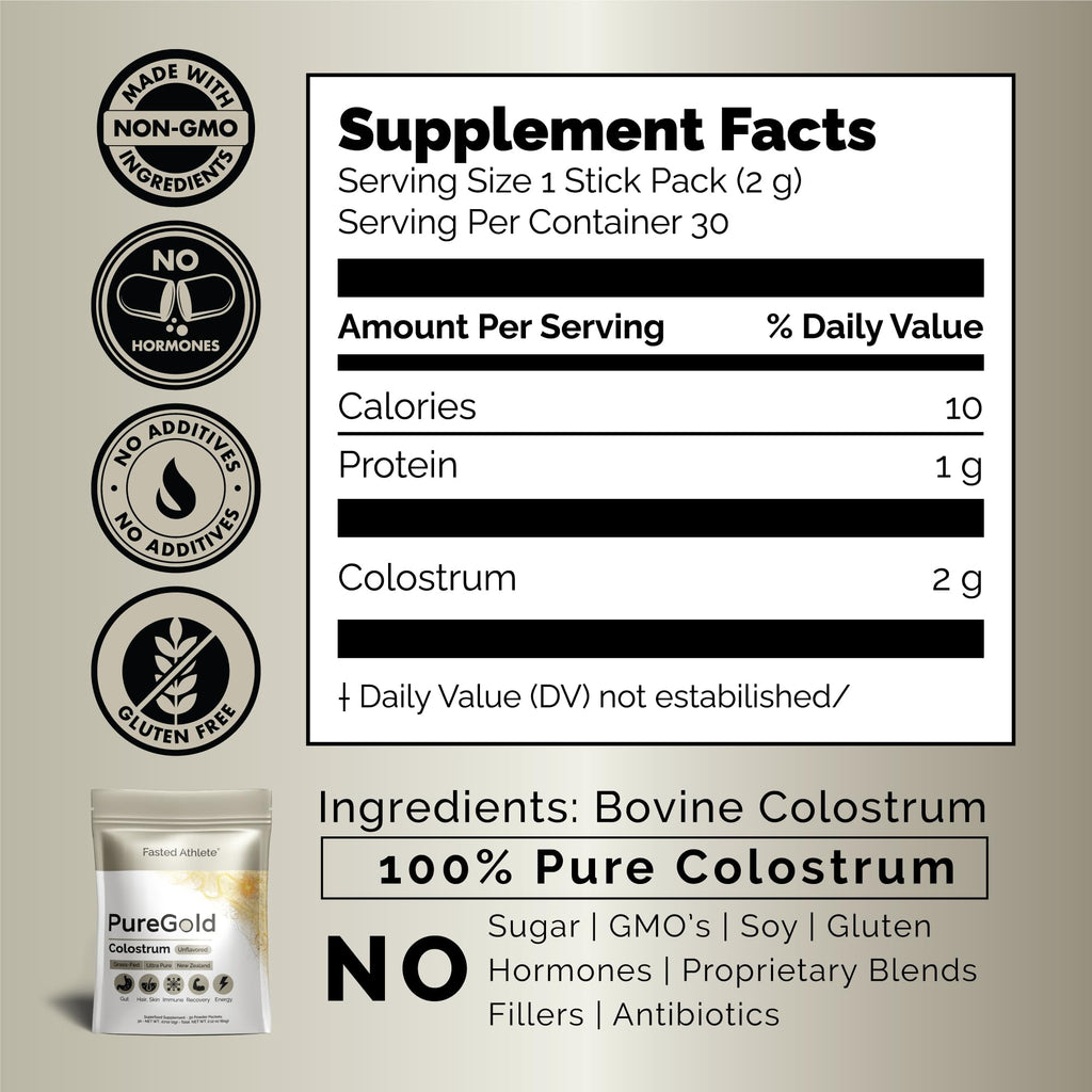 PureGold - Bovine Colostrum Powder - 100% Pure New Zealand Grass Fed, Supports Gut Health, Skin, Hair, & Immunity – Colostrum Supplement, Unflavored, 30 Travel Packets - TrustMedUSA