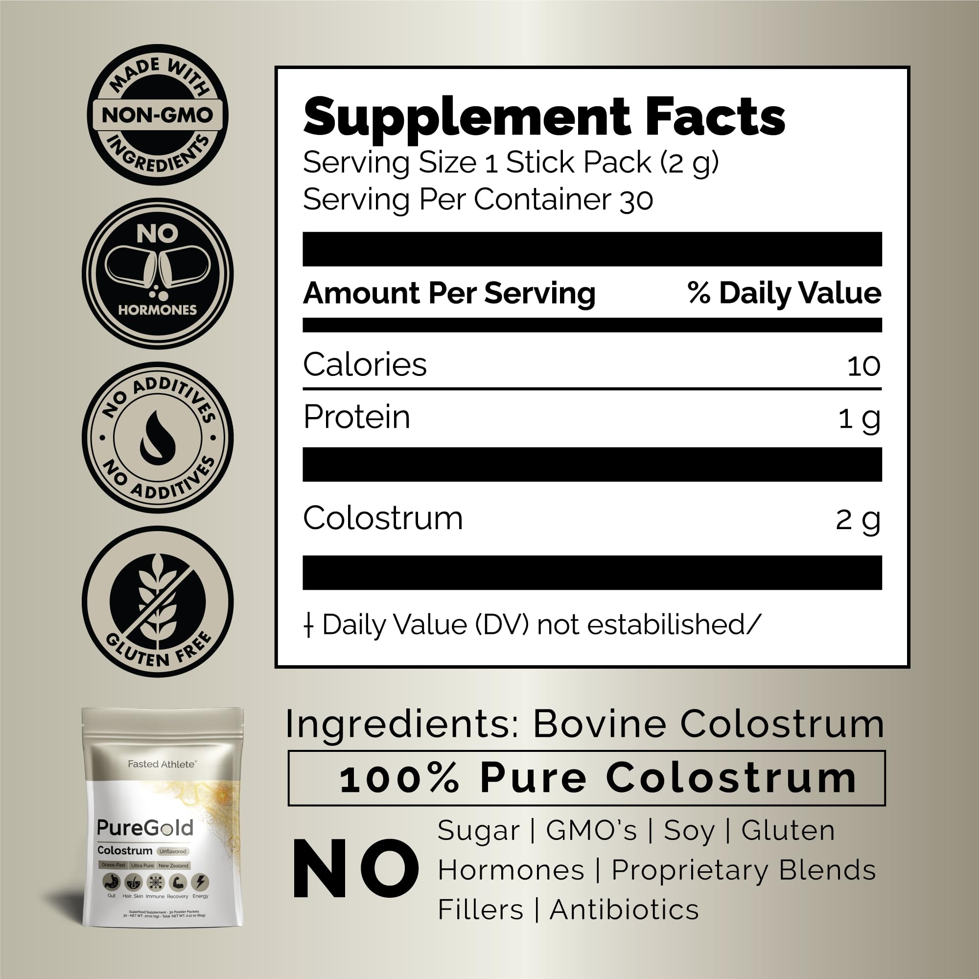 PureGold - Bovine Colostrum Powder - 100% Pure New Zealand Grass Fed, Supports Gut Health, Skin, Hair, & Immunity – Colostrum Supplement, Unflavored, 30 Travel Packets - TrustMedUSA