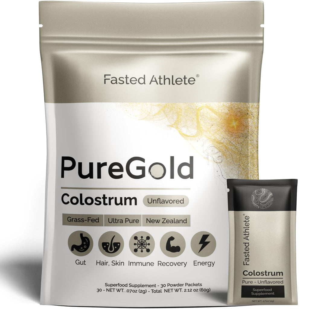 PureGold - Bovine Colostrum Powder - 100% Pure New Zealand Grass Fed, Supports Gut Health, Skin, Hair, & Immunity – Colostrum Supplement, Unflavored, 30 Travel Packets - TrustMedUSA