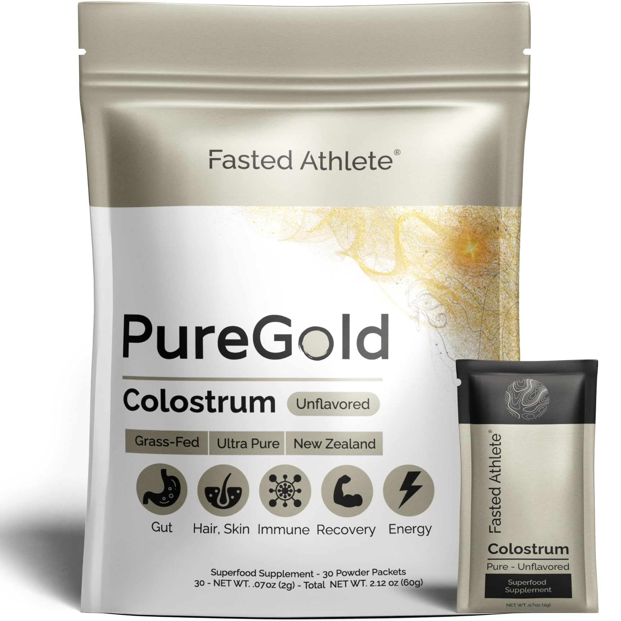 PureGold - Bovine Colostrum Powder - 100% Pure New Zealand Grass Fed, Supports Gut Health, Skin, Hair, & Immunity – Colostrum Supplement, Unflavored, 30 Travel Packets - TrustMedUSA