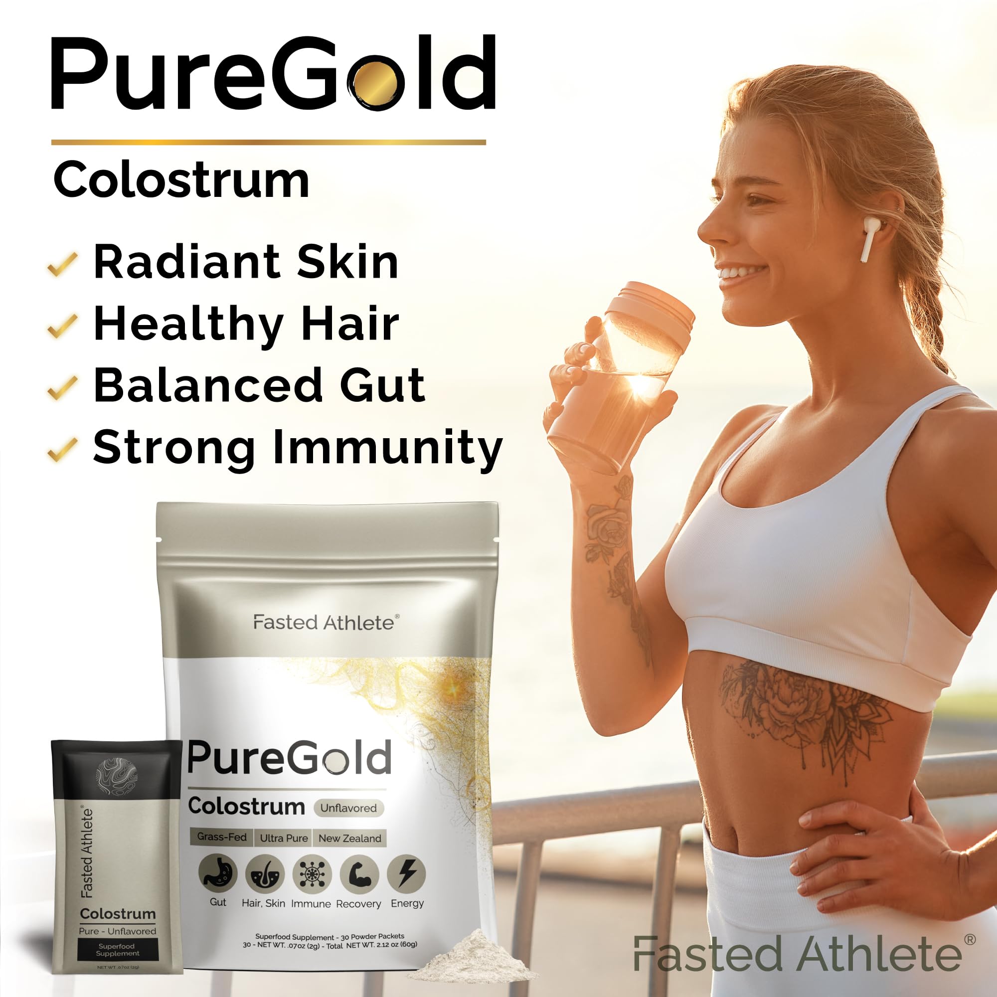 PureGold - Bovine Colostrum Powder - 100% Pure New Zealand Grass Fed, Supports Gut Health, Skin, Hair, & Immunity – Colostrum Supplement, Unflavored, 30 Travel Packets - TrustMedUSA