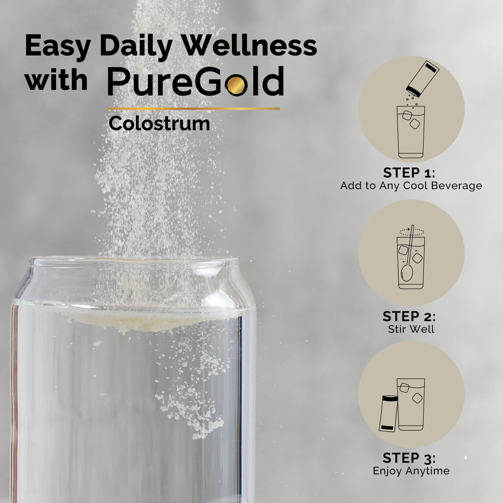 PureGold - Bovine Colostrum Powder - 100% Pure New Zealand Grass Fed, Supports Gut Health, Skin, Hair, & Immunity – Colostrum Supplement, Unflavored, 30 Travel Packets - TrustMedUSA