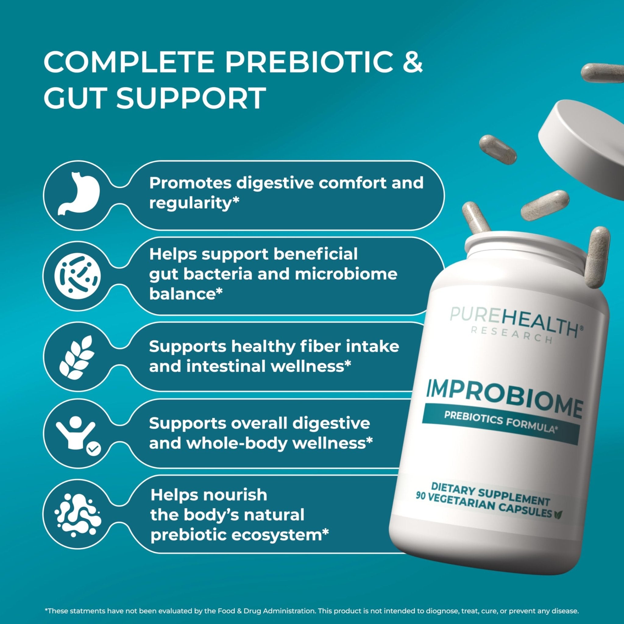 PUREHEALTH Research Improbiome - Prebiotic Fiber - Natural Support for Healthy Gut Prebiotics - Digestive Nutritional Supplements - with Jerusalem Artichoke, - TrustMedUSA