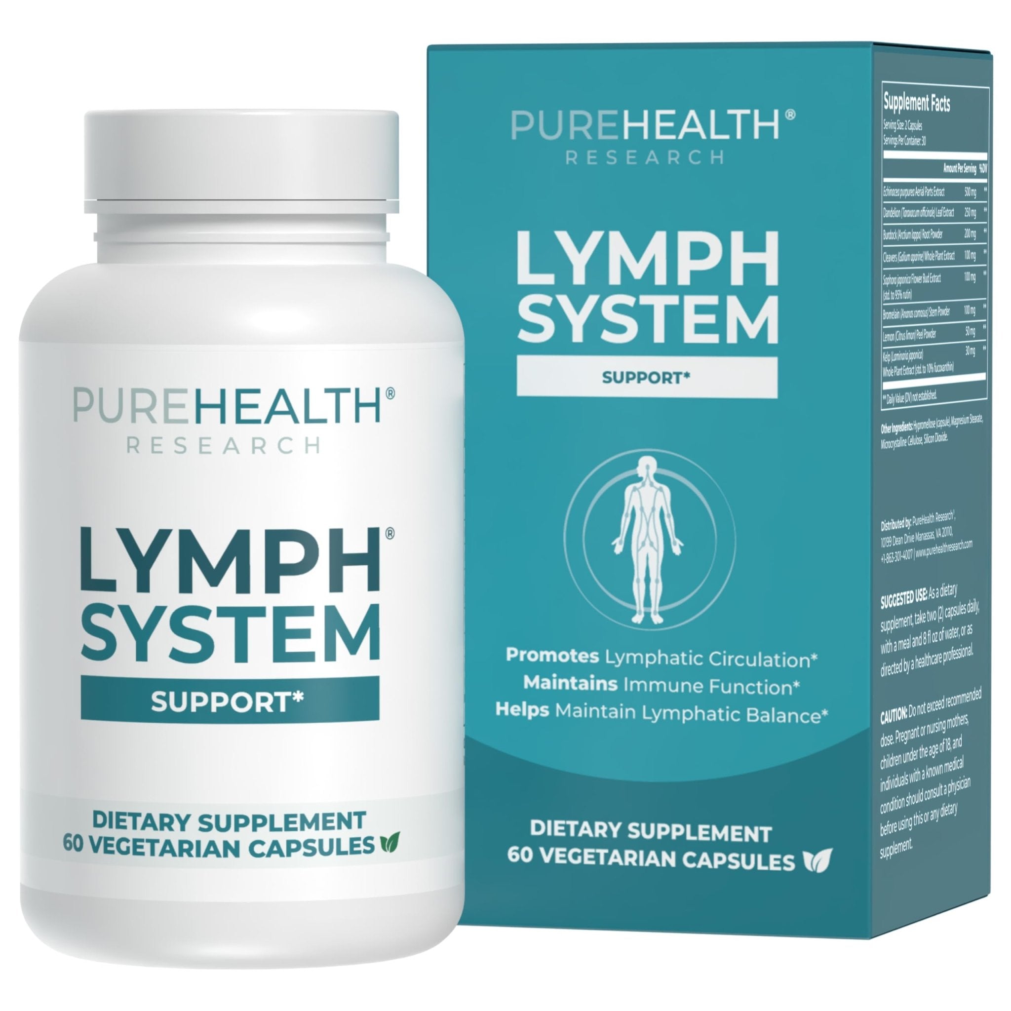 PUREHEALTH RESEARCH Lymph System Support - Lymphatic Drainage Supplement for Women & Men - Bromelain, Echinacea, Dandelion, Burdock Root, Lemon Powder, Kelp, Cleavers & More - 60 Capsules - Maple Wellness Supplements
