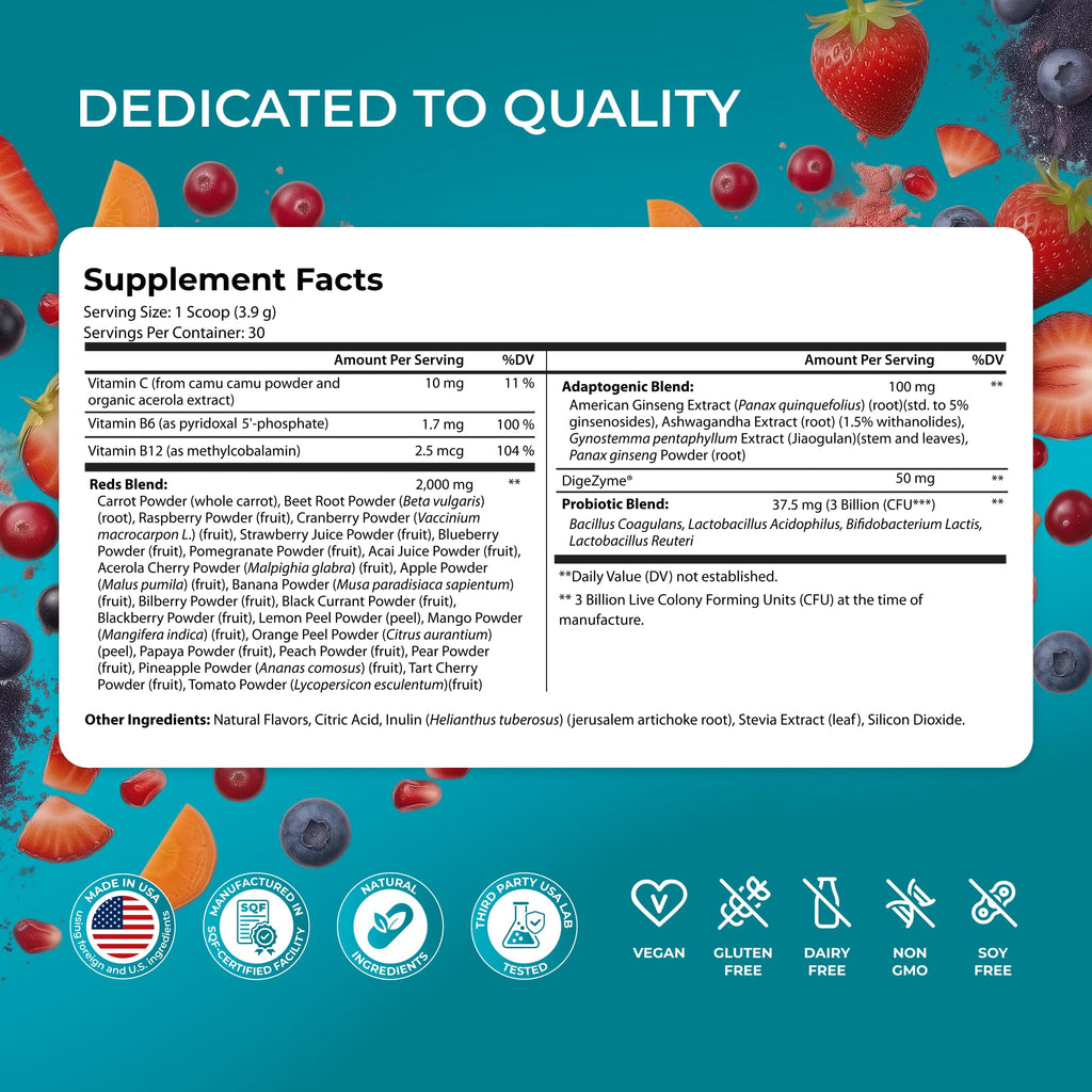 PUREHEALTH RESEARCH Metabolic Reds - Organic Superfood Powder Supplement - Fruit, Veggie, Adaptogenic, Probiotic Blends & More - for Metabolism & Energy Support - 4.13 Oz. - 30 Servings - TrustMedUSA