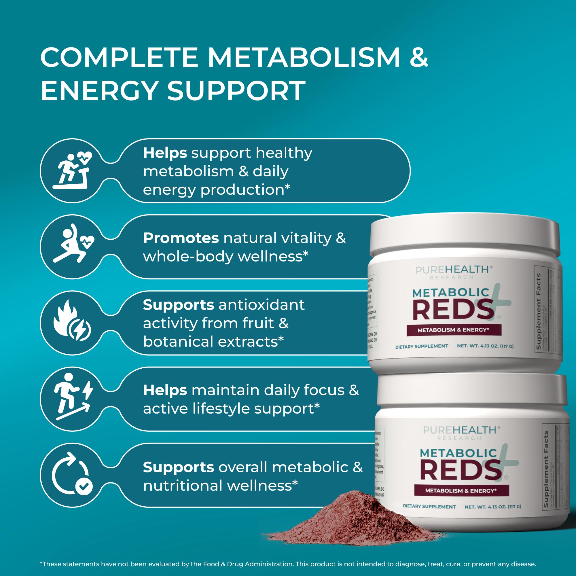 PUREHEALTH RESEARCH Metabolic Reds - Organic Superfood Powder Supplement - Fruit, Veggie, Adaptogenic, Probiotic Blends & More - for Metabolism & Energy Support - 4.13 Oz. - 30 Servings - TrustMedUSA