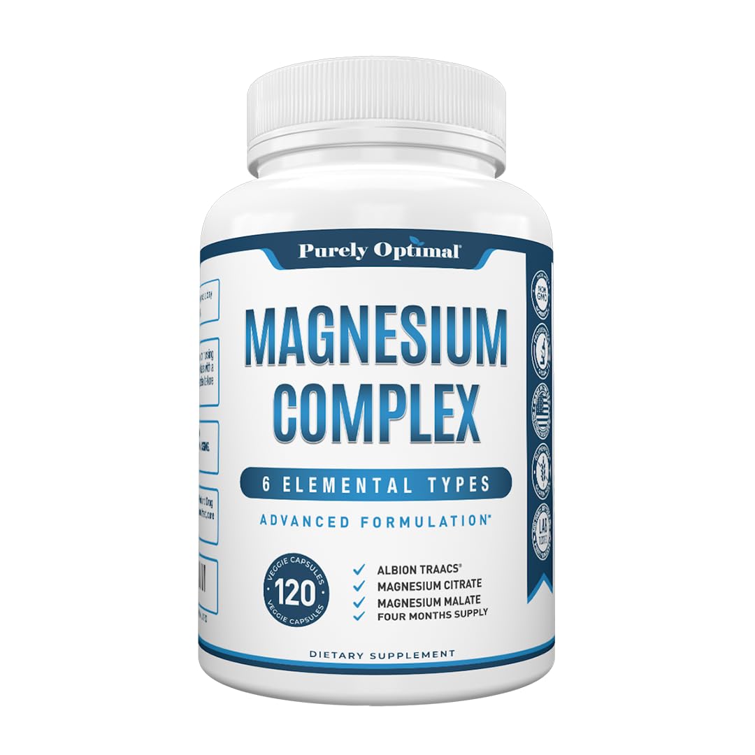 Purely Optimal Magnesium Complex - 6 Forms Magnesium Glycinate, Citrate & Malate - Sleep Support, Stress Relief, Muscles, Heart Health & Relaxation - TrustMedUSA